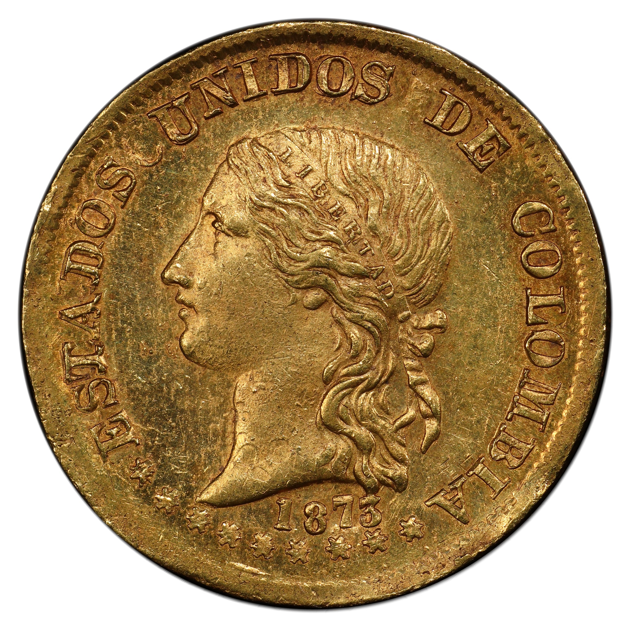 RARE! Colombia - Gold 20 Pesos 1873 Popayan Mint - MS-63 PCGS Gold Shi