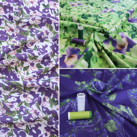 A collage of three fabrics in shades of purple and green with floral themed prints.