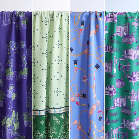 A collage of four photos of fabrics shown draped over a rail, in shades of green and purple.