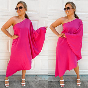 Asymmetrical One Shoulder Dress- Fuchsia