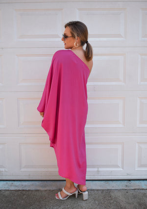 Asymmetrical One Shoulder Dress- Fuchsia