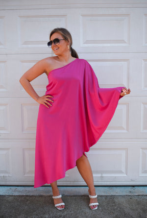 Asymmetrical One Shoulder Dress- Fuchsia