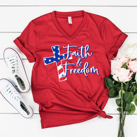 Faith and freedom red v-neck shirt for patriotic Christians