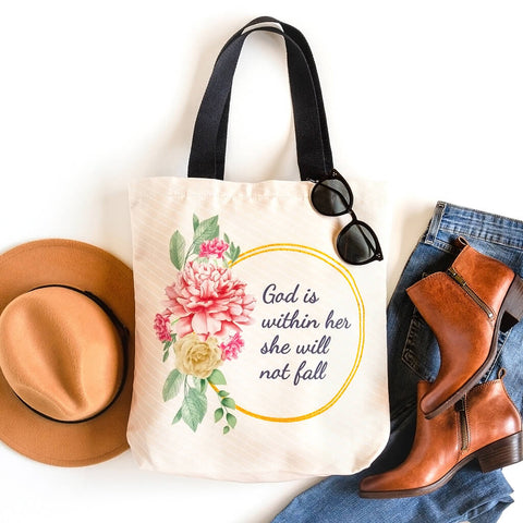 Tote bag for Bible study that reads God is within her she will not fall