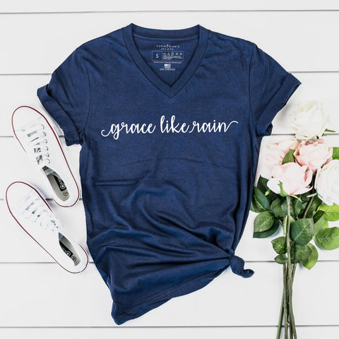 Navy Christian v-neck shirt that reads grace like rain