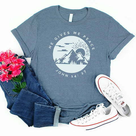 He gives me peace Christian t-shirt in muted blue