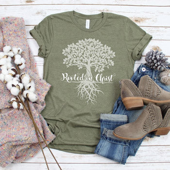 Olive women’s t-shirt with Christian tree design