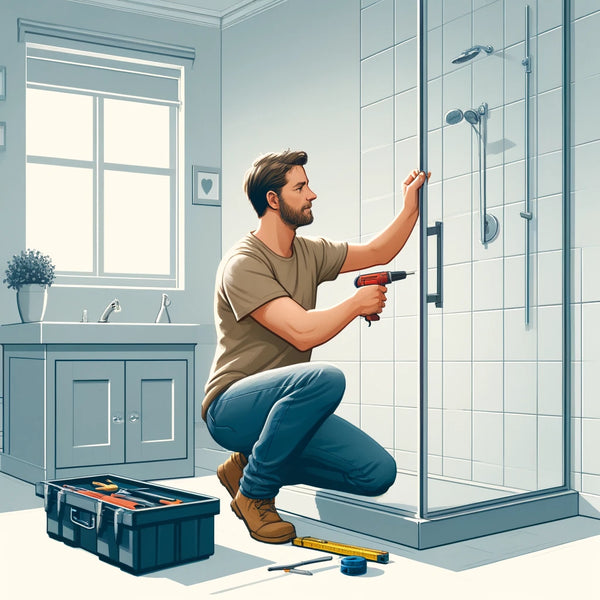 A simple scene depicting a man replacing a shower door in a typical Australian home. The image shows a middle-aged Caucasian man in casual attire (jeans and a t-shirt), using basic tools (screwdriver, measuring tape) to install a modern glass shower door. The background features a typical bathroom interior seen in Australian homes, with minimalistic decor and a clear focus on the task being performed by the man, emphasizing the DIY aspect of home improvement.