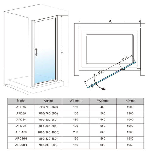 Framed pivot 1 panel shower door dimensions