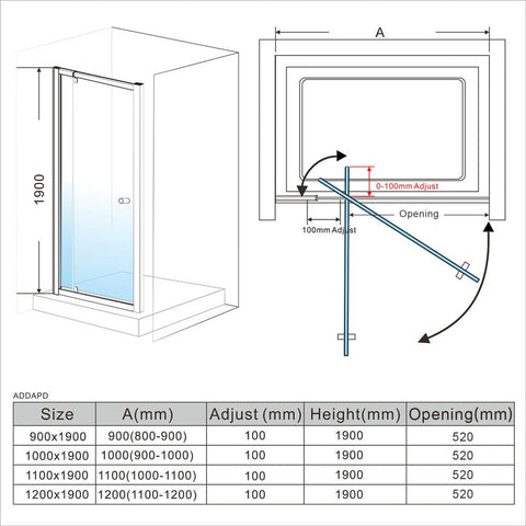 Framed pivot 2 panel shower door dimension drawing