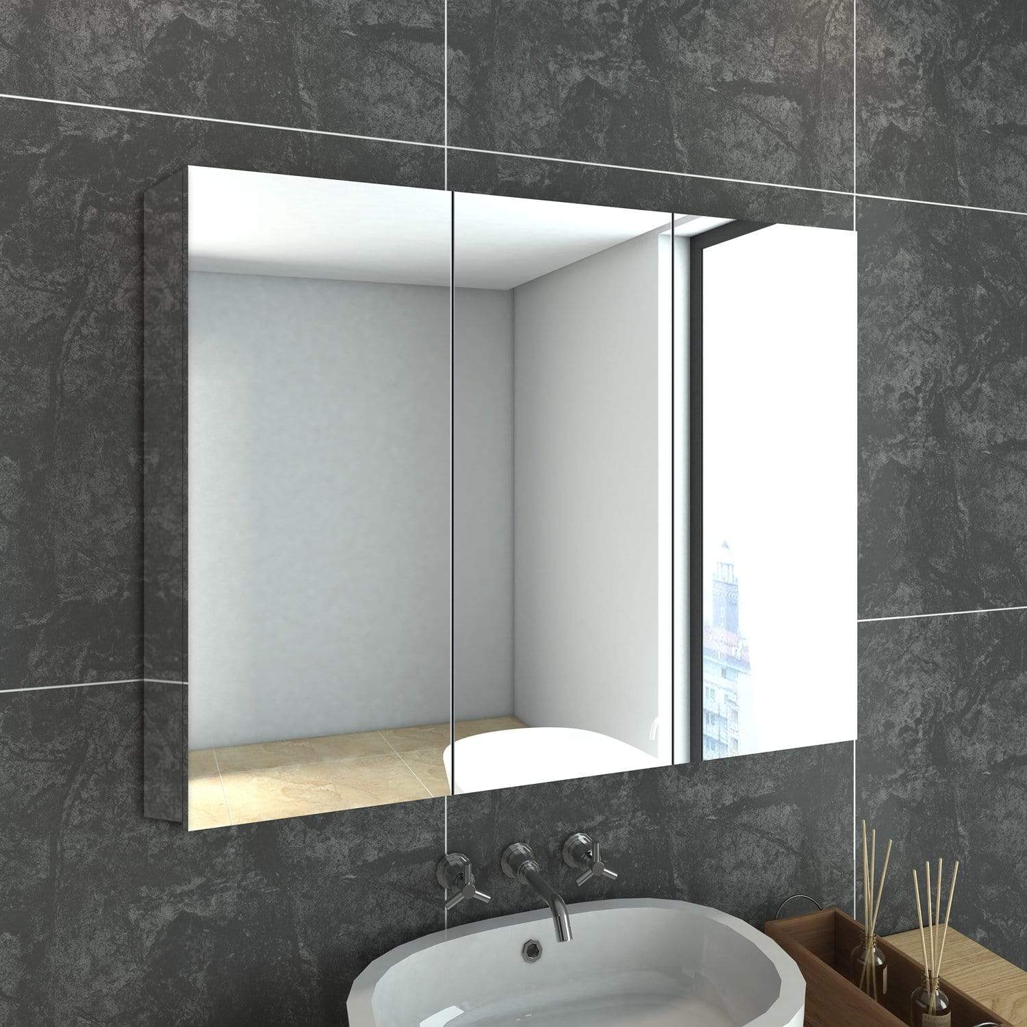 900x720mm Bathroom Mirror Cabinet Storage Polished Stainless Steel Wal