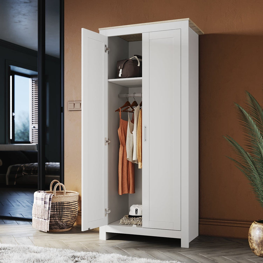 White Solid Wood Wardrobe with 2 Doors 180cm Clothes Closet for Hangin