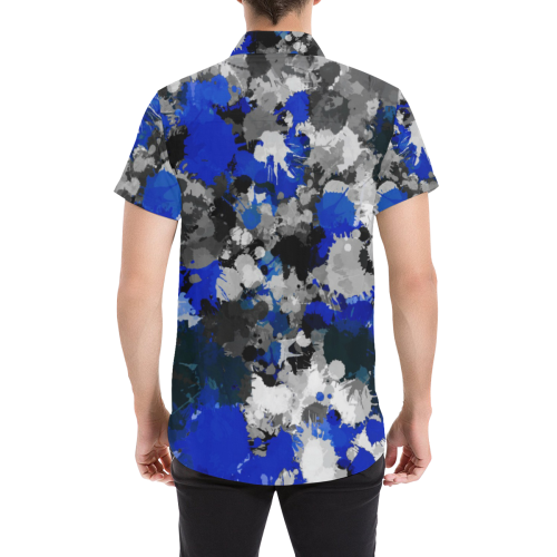 Blue and Grey Paint Splatter Short Sleeve Button Up Shirt ...