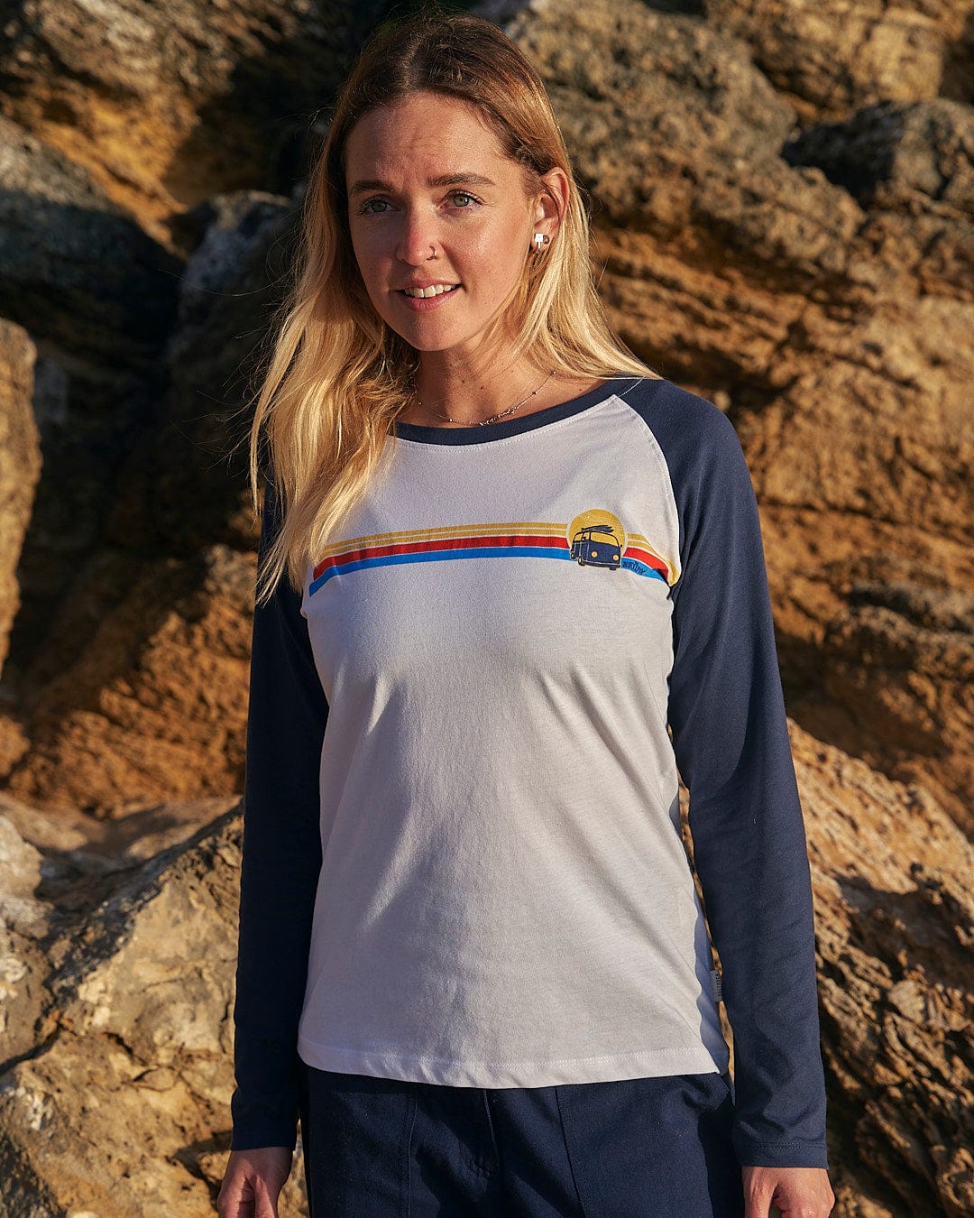 Celeste Stripe - Womens Long Sleeve Raglan T-Shirt - White/navy