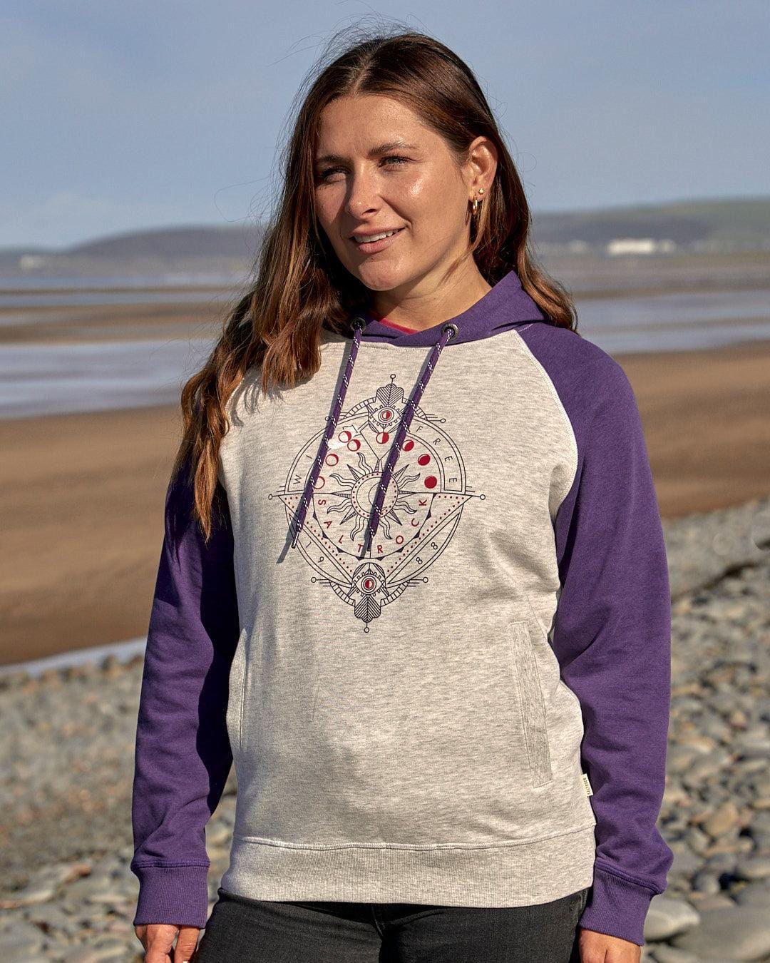 Compass - Womens Raglan Pop Hoodie - Dark Purple/grey