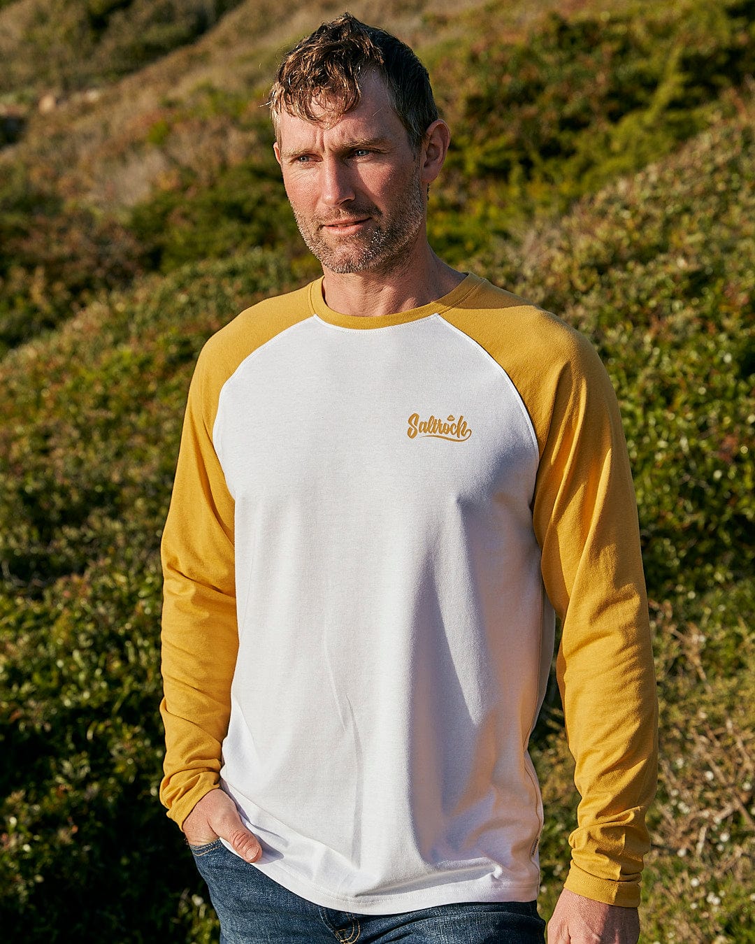 Speed - Mens Long Sleeve Raglan T-Shirt - Ochre/White