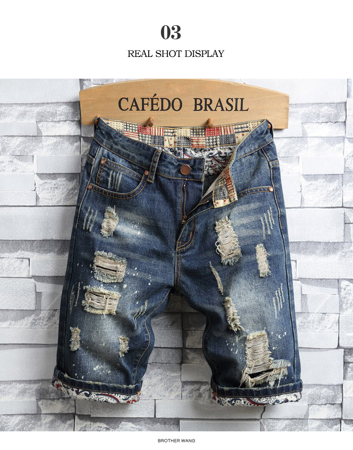 Men's Hole Denim Shorts  New Fashion Casual Slim Fit Ripped Retro Short Jeans Male