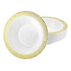 Pebbled Premium Gold Bowls in 14oz and 5oz sizes. Durable, reusable dinnerware with a gold finish and pebbled texture. Perfect for soups, salads, and desserts at weddings, parties, and catering events.