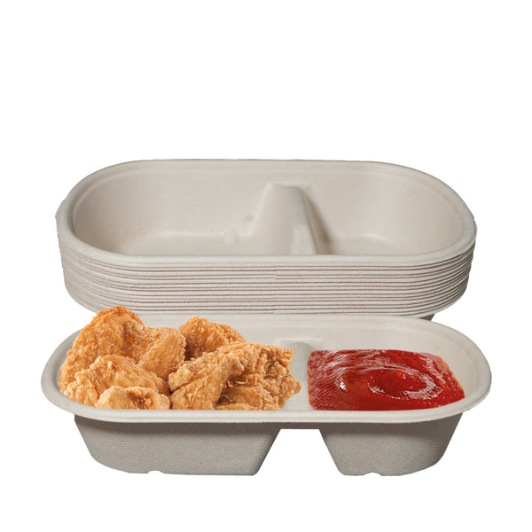 29oz 2 Compartment Sugarcane Fiber Bowl Compostable Disposable Oblong Food Prep Storage