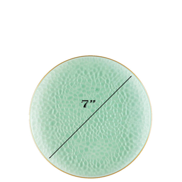 Organic Translucent Green Hammered Plastic Plates Gold Rim (7inch, 9inch, 10inch, 13inch)