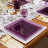 7.75" & 10.75" inch disposable china party tableware dinner plate plastic square salad plate wedding baby shower catering supplies charger plates large reusable purple bulk birthday gathering dessert appetizer plates purple butterfly design summer