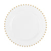 10" inch White Gold Beaded Rim Plate disposable China Like party tableware dinner plate plastic round salad plate wedding baby shower catering supplies charger plates large reusable gold bulk birthday gathering dessert appetizer plates white gold design summer