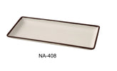 Yanco Rectangular Plate NA-408 Made from high-quality melamine, this plate is both solid and lightweight. Its rectangular shape and break-resistant nature make it ideal for frequent use in commercial dining settings. This plate is designed to be dishwasher safe, ensuring easy and efficient cleaning, which is essential for busy hospitality environments. The ivory color with a speckled finish and brown rim adds a touch of sophistication, enhancing the presentation of any appetizer or dessert.