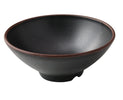 Yanco Ramen Bowl NA-608BK Constructed from high-quality melamine, it offers exceptional durability and resistance to breaking, making it well-suited for use in restaurants, hotels, and cafes where longevity is essential. The bowl's round shape, combined with its elegant black speckled finish and brown rim, enhances the visual appeal of any meal served. This design not only looks sophisticated but also complements various table settings and decor styles. 