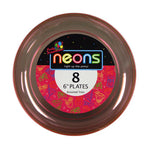 Neon Mix 6" Plates in bright neon colors, perfect for appetizers, desserts, or snacks. Durable disposable design ideal for birthdays, neon-themed events, and gatherings. Sold in low count packs.