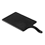 Rectangular faux slate serving tray with handle, 9-7/8"x7-1/8", 14-3/8" OL, matte black finish. Ideal for serving appetizers, drinks, and desserts at restaurants, catering events, and home use.
