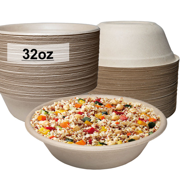 32oz Compostable Heavy Duty Disposable Bowls, Eco Friendly, Natural Bagasse Unbleached Bamboo, Biodegradable, Tree Free, Heat & Liquid Resistant Bowl