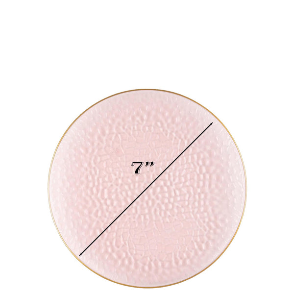 Organic Translucent Pink Hammered Plastic Plates Gold Rim (7inch, 9inch, 10inch, 13inch)