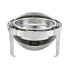 A 6 quart round Madison heavyweight chafer consisting of a round polished stainless steel chafer with roll top lid and a sturdy frame. The chafer is set up with a water pan, food pan, and fuel holder for maintaining consistent temperature and keeping food warm. The chafer is ideal for catering or large scale buffet events