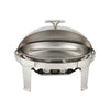 An 8 quart oval Madison heavyweight chafer consisting of an oval polished stainless steel chafer with roll top lid and a sturdy frame. The chafer is set up with a water pan, food pan, and fuel holders for maintaining consistent temperature and keeping food warm. The chafer is ideal for catering or large scale buffet events