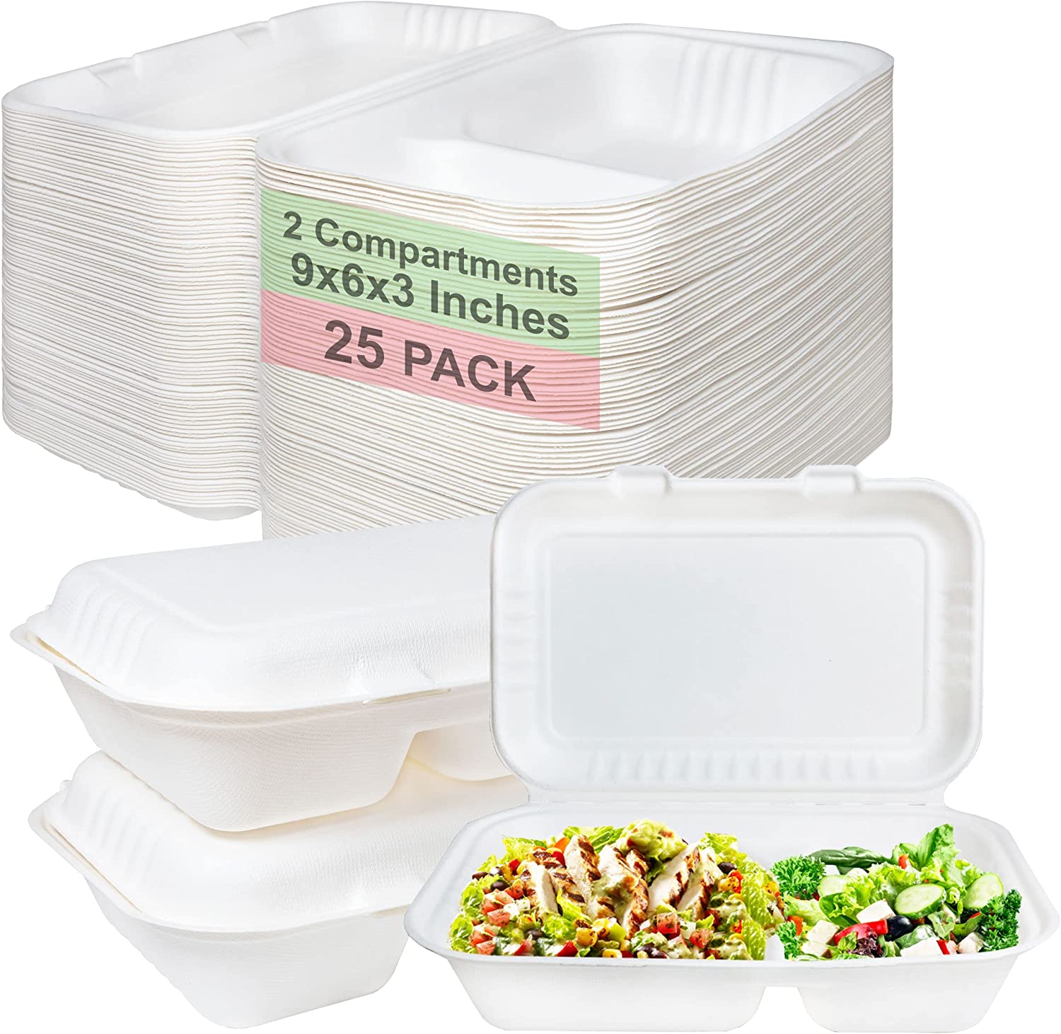 Rice Plates  wax tree free  Tree Free  Stackable  Square Hinged Clamshell  Restaurants  Parties  Microwaveable Freezer Safe  Heavy Duty  Grease and Leak Resistant Proof  Food Trucks Food Containers  foam plastic alternative  Ecofriendly Product  Compostable Biodegradable Sugarcane Bagasse  Clam Shell Take Out Containers  carryout leftover mealprep  burger box  BPA Free  9x6x3 Take Out To Go Box  2 Compartment  Online Store economical