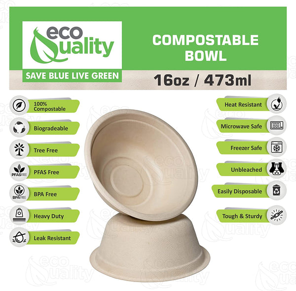 Compostable Heavy Duty Disposable Bowls, Eco Friendly, Natural Bagasse Unbleached Bamboo, Biodegradable, Tree Free, Heat & Liquid Resistant Bowl