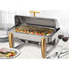 An 8 quart full size Virtuoso extra heavyweight chafer consisting of a rectangular polished stainless steel chafer with roll top lid and a sturdy frame. The chafer is set up with a water pan, food pan, and fuel holders for maintaining consistent temperature and keeping food warm. The chafer is ideal for catering or large scale buffet events