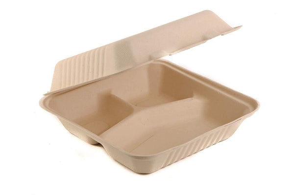 Eco-Friendly 3 Compartment  Hinged Clamshell Heavy-Duty Disposable Containers (8X8, 9X9)