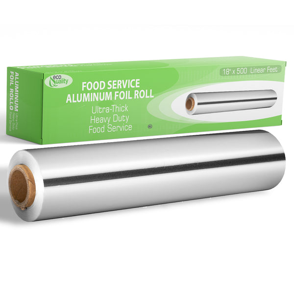 EcoQuality Heavy Duty Food Service Aluminum Foil Roll (18" x 500') with Sturdy Corrugated Cutter Box Perfect for Commercial & Home Use