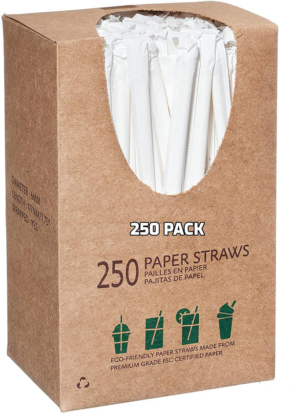 Wrapped Disposable Paper Drinking Straws White 7.75 Inches - Compostable, Biodegradable, Earth Friendly Straws, Premium Wrapped Paper Straws