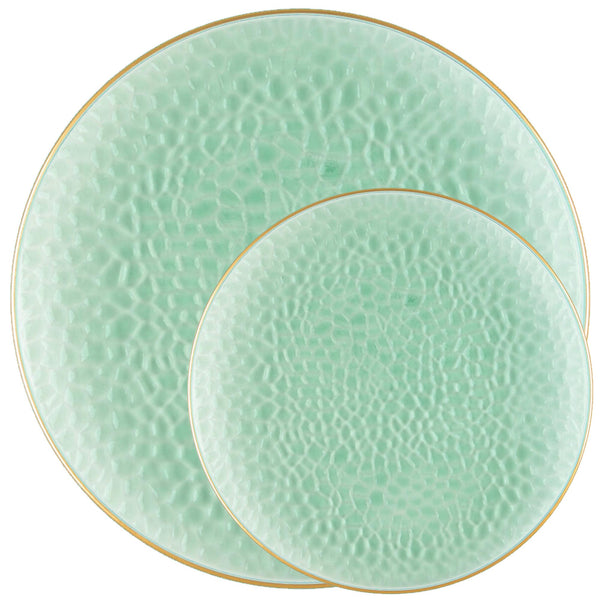 Plastic Hammered Green Dinner Plates Gold Rim Combo Party Set