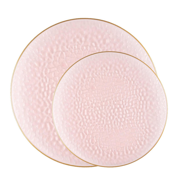 Plastic Hammered Pink Lunch Plates Gold Rim Combo Party Set