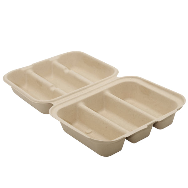 3-Compartment Taco Container Compostable Clamshell - Biodegradable Hot Dog Container, Unbleached, Three Sectional Takeout Box