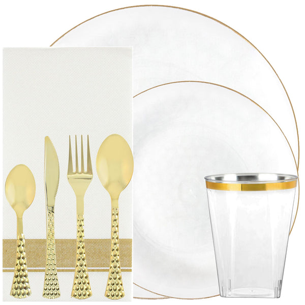 Plastic Tableware White Plates Gold Rim Hammered Transparent Organic Collection Dinner Party Set