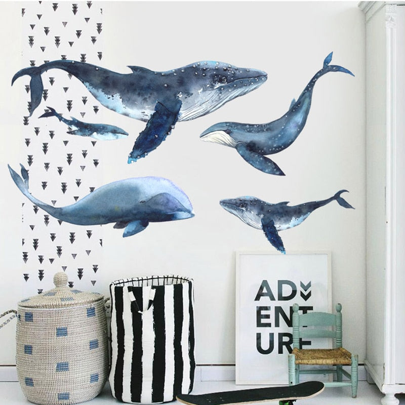 Deep Ocean Whales Decal - Watercolor Wall Sticker - Just Kidding Store