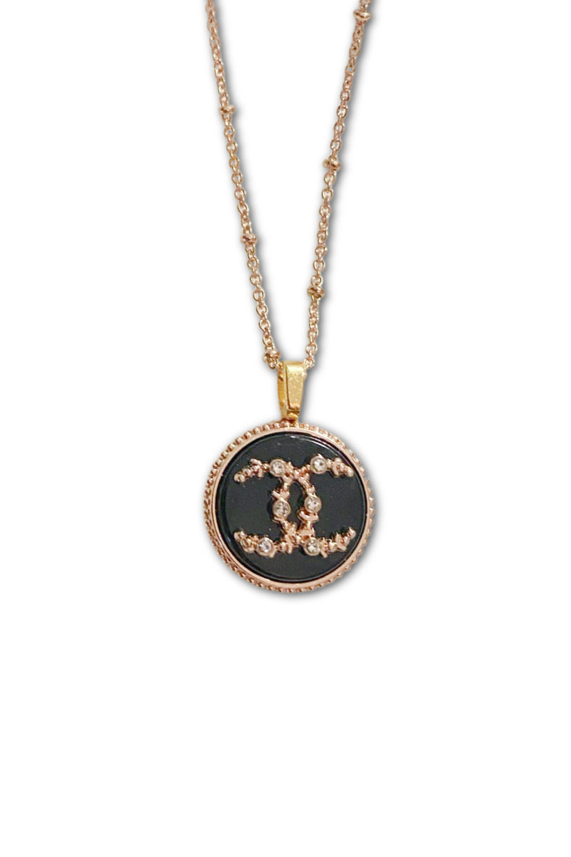 Chanel Black Enamel and Crystal Button Pendant Necklace