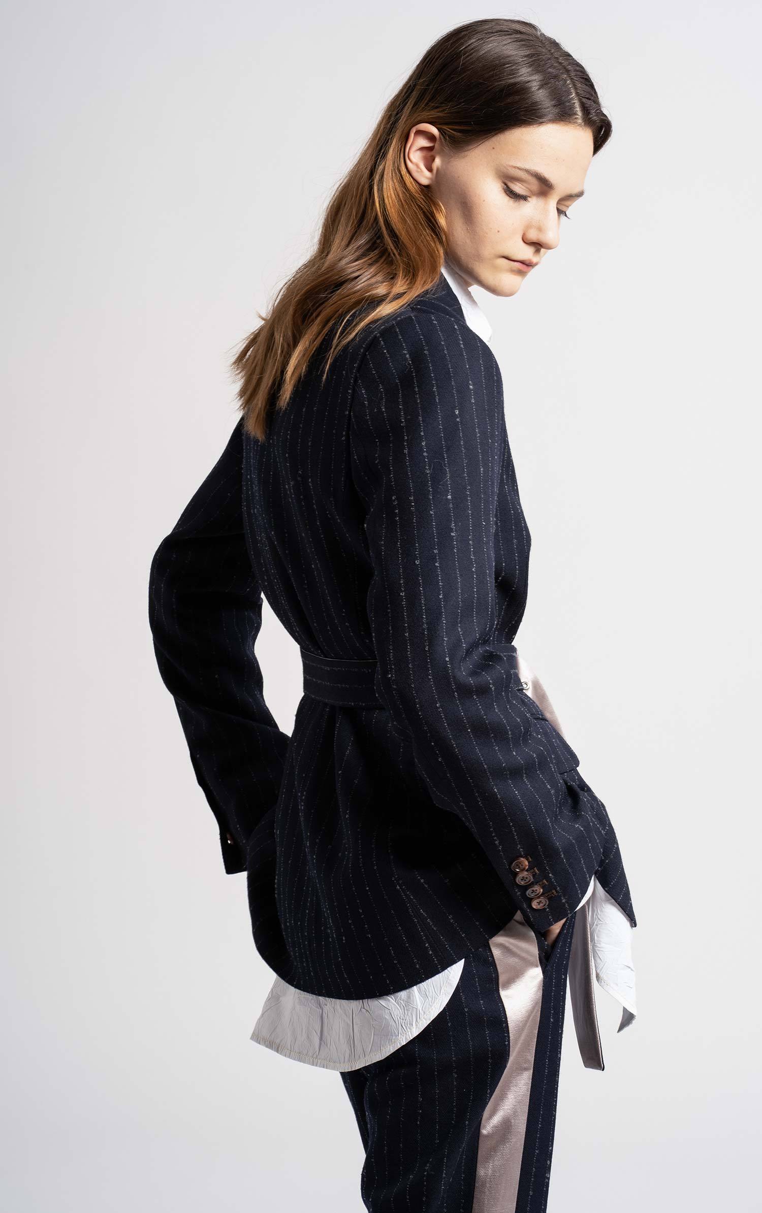 Sies Marjan - Terry Mohair Pinstripe Belted Blazer - Navy Silver ...