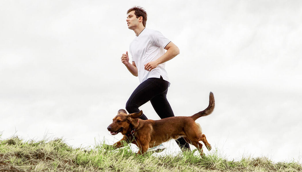 a man and his dog running