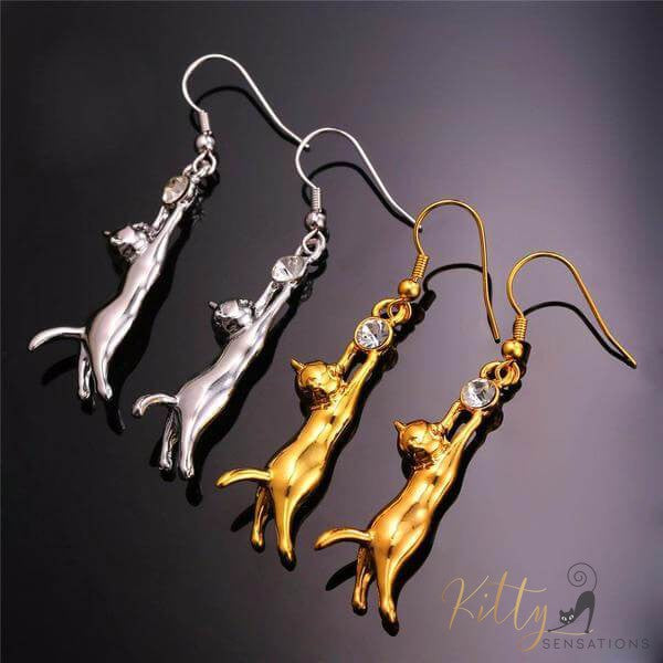 silver and golden cat earrings on black background