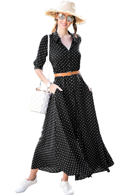 black and white polka dot shirt dress
